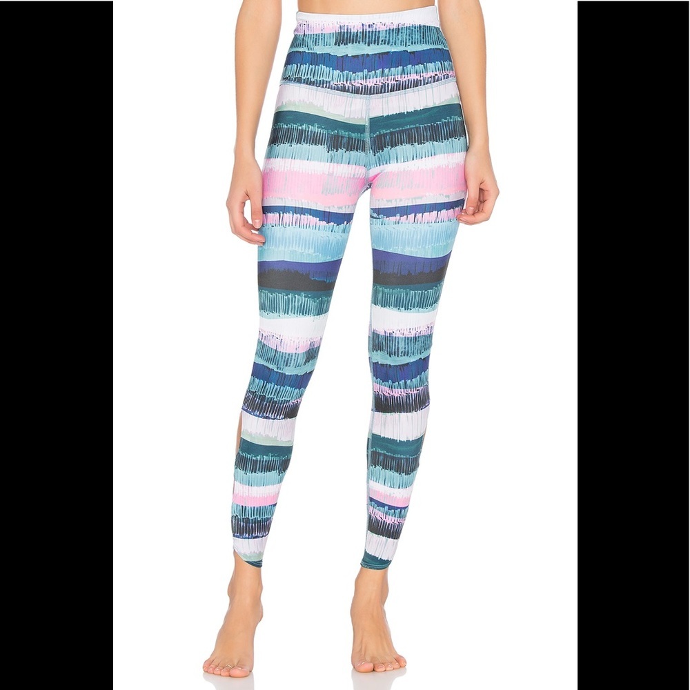 Beyond Yoga Multicolor Striped High-Waist Leggings - Maroon, Teal, Blue, White